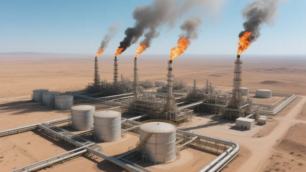 Vue en plongée d'une installation industrielle pétrolière et gazière isolée dans un paysage aride, plusieurs torchères brûlant des gaz et des panaches de fumée s'échappant des tuyaux, ciel bleu clair