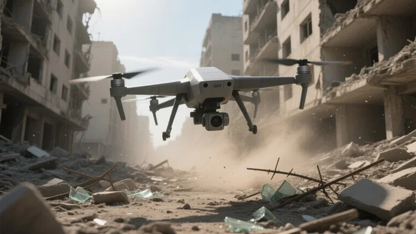 Drone militaire volant bas au-dessus d'une zone urbaine en ruines, ombre projetée sur le sol, poussière en suspension