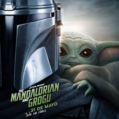 Le casque du Mandalorien et Grogu dépassant derrière lui sur cette affiche annonçant la sortie au cinéma le 21 mai.