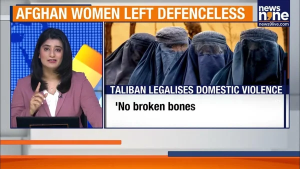 Graphique d'actualité affirmant que les Taliban légalisent la violence domestique avec la mention 'Pas d'os cassés'.