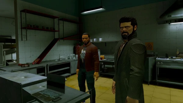 Capture d'écran du jeu vidéo The Boys dans une cuisine industrielle avec deux personnages.