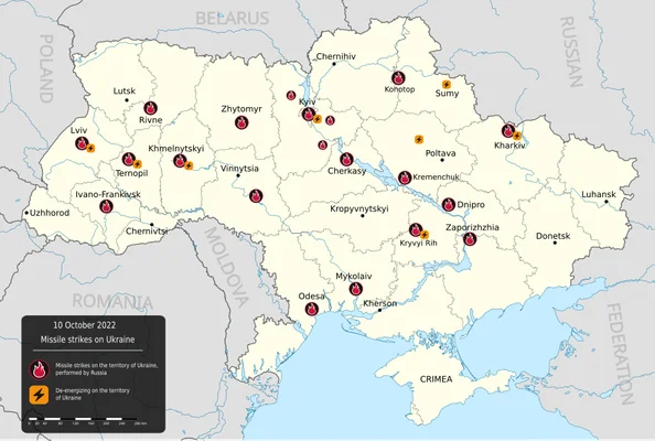 Carte des frappes de missiles russes et des coupures d'électricité en octobre 2022.