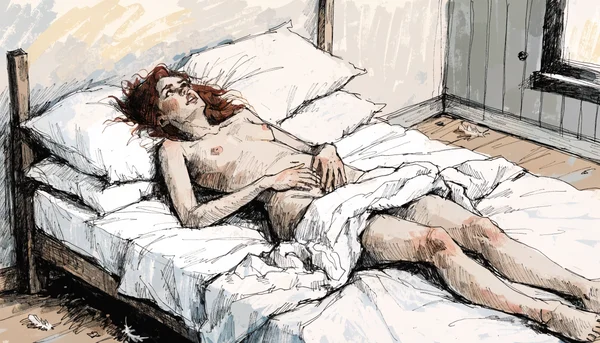 Femme nue allongée sur le dos dans un lit, expression de frustration et de recherche, mains posées sur son ventre