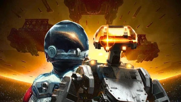 Personnage en combinaison et robot avec une tête orange dans un décor spatial.