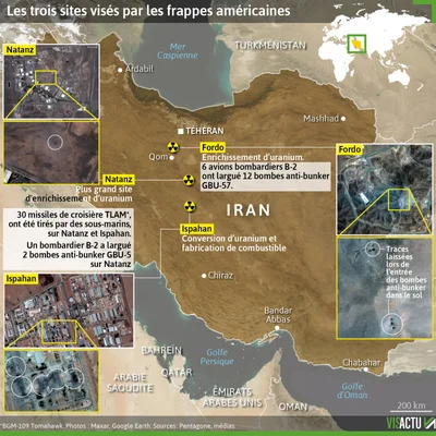 Carte de l'Iran indiquant les sites nucléaires de Fordo, Natanz et Isfahan ciblés par des frappes, avec une mention sur les bombes anti-bunkers utilisées.
