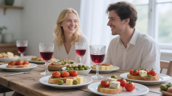 Table d'apéritif colorée et garnie de Finger food, verres de vin et convives souriants en arrière-plan, lumière naturelle chaleureuse