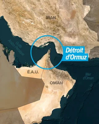 Carte du détroit d'Ormuz bordé par l'Iran, Oman et les Émirats arabes unis.