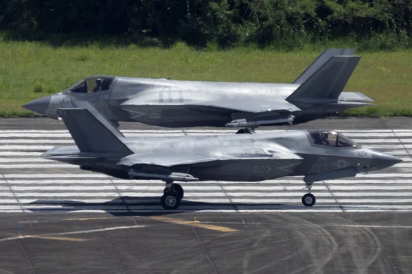 Deux avions de chasse gris stationnés sur une piste avec une végétation en arrière-plan.