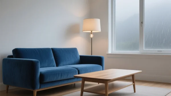 Intérieur d'un salon moderne avec un canapé en velours bleu, une table basse en chêne clair et une lampe de sol à abat-jour, éclairage doux provenant d'une ampoule connectée dans un coin, fenêtre avec pluie battante à l'arrière-plan