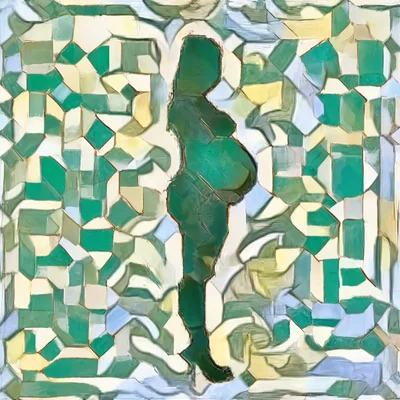 Peinture abstraite représentant une femme enceinte en profil vert sur fond de mosaïque géométrique colorée.