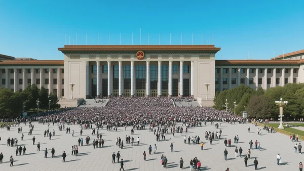 Vue en plongée de la place Tian'anmen bondée de monde, avec le Grand Palais du Peuple au premier plan sous un ciel bleu dégagé