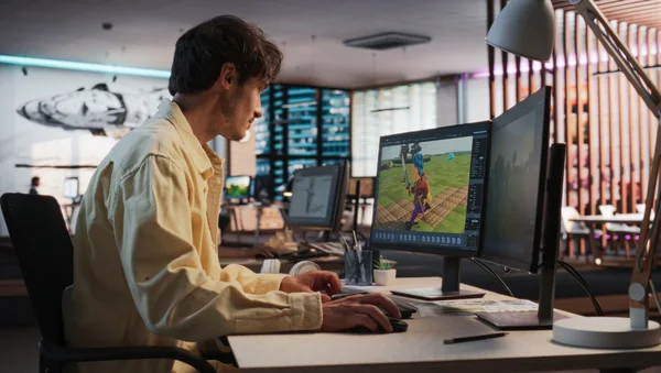 Un homme travaillant sur des écrans d'ordinateur dans un environnement de bureau moderne.