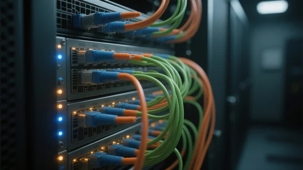 Gros plan sur des câbles de réseaux optiques connectés dans une salle de serveurs sombre, lumières bleues clignotantes, symbolisant le flux des données numériques