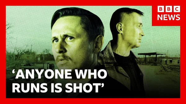 Graphique BBC News montrant deux hommes avec le texte 'QUICONQUE FUIT EST TIRÉ' sur fond dévasté.