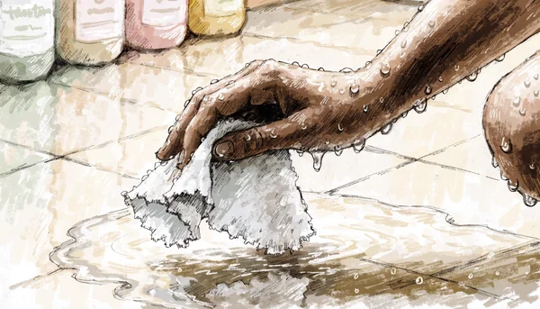 Plan serré sur une main féminine tenant une lingette parfumée industrielle au-dessus d'une flaque d'eau savonneuse, flacons de gel douche en arrière-plan