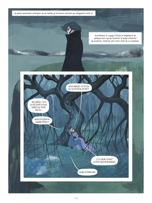 Extrait de Frankenstein mêlant un personnage solitaire et une scène d'intimité sous un arbre tordu.