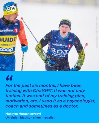 Le biathlète ukrainien Maksym Murashkovskyi en action sur les pistes, souligné par une citation sur l'IA.