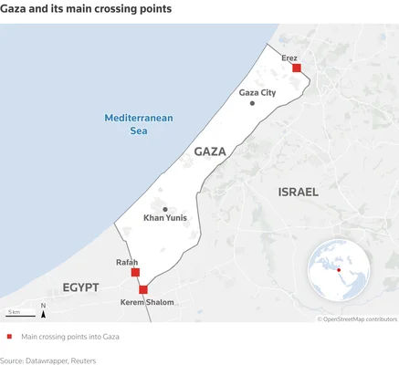 Carte intitulée 'Gaza et ses principaux points de passage' montrant la bande de Gaza, Israël et l'Égypte.