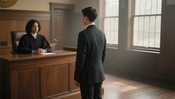 Intérieur d'une salle d'audience avec un homme jeune debout devant le bureau du juge, dos à la caméra, regardant vers le magistrat assis, lumière naturelle venant des fenêtres latérales