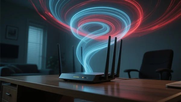 Vue en contre-plongée d'un routeur Wi-Fi moderne sur une table de bureau dans un environnement domestique sombre, des ondes numériques lumineuses bleues et rouges s'échappent de l'antenne, symbolisant une fuite de données