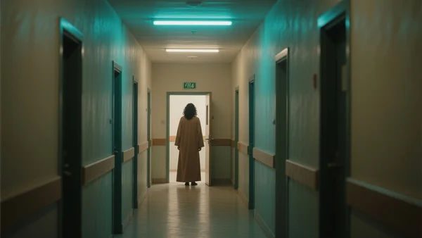Long couloir sombre d'un bâtiment universitaire avec des néons allumés, une silhouette floue se tient au fond devant une porte ouverte