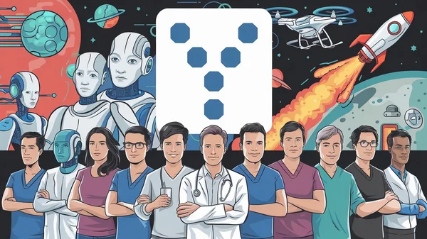 Illustration montrant des personnages médicaux, des robots et des éléments spatiaux autour d'un dé géométrique bleu.