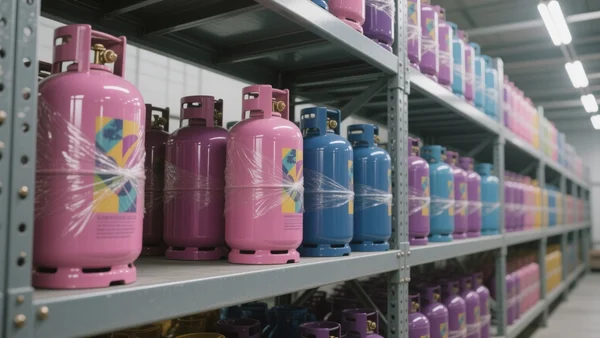 Rangement métallique rempli de bonbonnes de gaz de couleur vive, rose bleu et violet, avec des emballages en plastique décorés