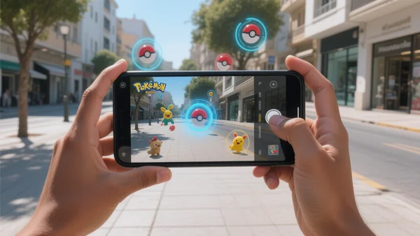 Vue subjective à travers un smartphone montrant l'écran de jeu Pokémon Go, avec une rue urbaine en arrière-plan et l'interface de réalité superposée flottant sur les trottoirs