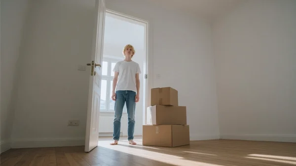 Jeune adulte devant la porte ouverte d'un appartement vide, cartons de déménagement à ses pieds, lumière naturelle entrant par les fenêtres, vue en contre-plongée