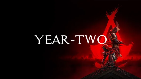 Graphique avec deux figures en armure, un logo Assassin's Creed et le texte YEAR-TWO.