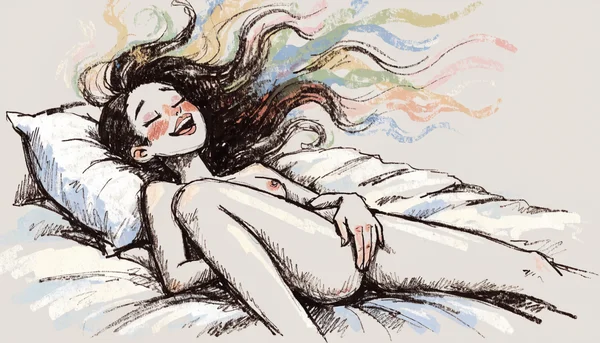 Femme allongée sur le dos dans un lit, les jambes légèrement écartées, main caressant doucement sa vulve