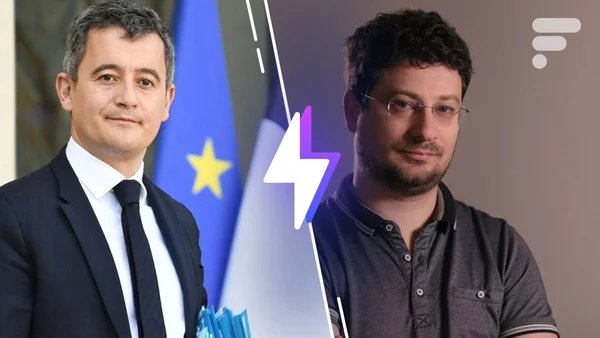 Une illustration montrant Jean-Baptiste Kempf et le ministre Gérald Darmanin.