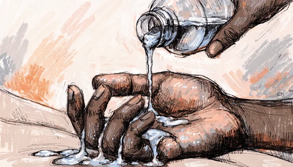 Plan serré d'une main versant un gel lubrifiant transparent sur ses doigts