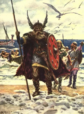 Illustration peinte d'un guerrier viking avec un casque à cornes et une bouclier rouge sur un rivage rocheux.