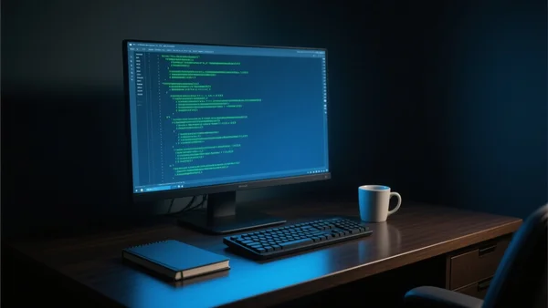 Écran d'ordinateur affichant des lignes de code source défilant dans l'obscurité, reflets bleutés sur un bureau, ambiance de fuite de données