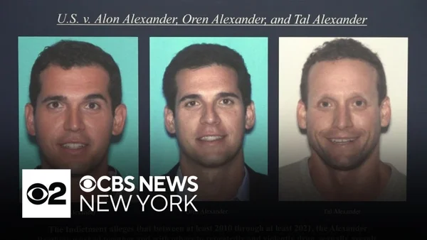 Graphique CBS News New York montrant les photos d'Alon, Oren et Tal Alexander sous le titre U.S. v. Alon Alexander.