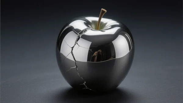 Vue en gros plan d'une pomme Apple en chrome poli posée sur une surface sombre, reflets lumineux, une fine fissure traverse le fruit métallique