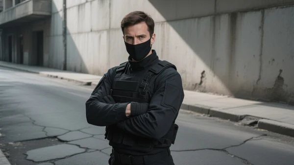 Un homme en uniforme sombre masqué, bras croisés, fait face à la caméra dans une rue urbaine, lumière grise et contrastée