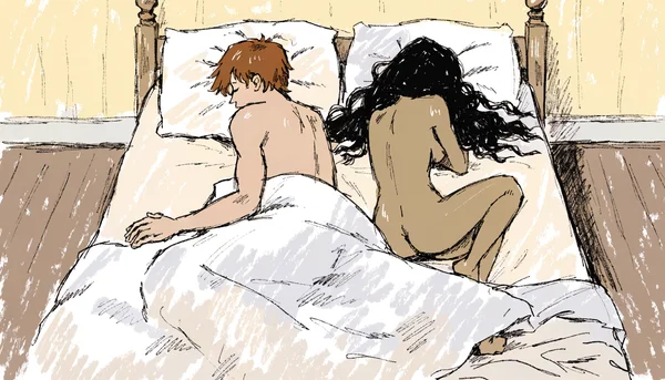 Couple nu allongé sur un lit, dos tournés, l'homme regarde ailleurs tandis que la femme semble attristée par ce manque de connexion