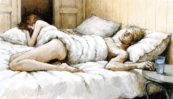 Couple nu allongé sur un lit, l'un des deux tendant la main vers un verre posé sur la table de nuit, l'autre tourné vers le mur, distance physique visible entre les deux corps