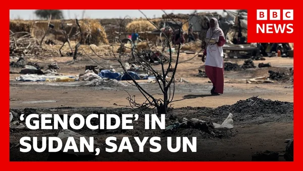 Graphique de la BBC affichant le titre 'GENOCIDE IN SUDAN, SAYS UN' sur un paysage en ruine.