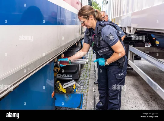 Une douanière allemande effectue un prélèvement de liquide sur un camion.