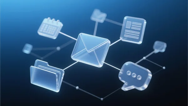 Interface logicielle abstraite avec des icônes de bureautique et de messagerie disposées en réseau sur un fond bleu dégradé moderne, épuré et lumineux