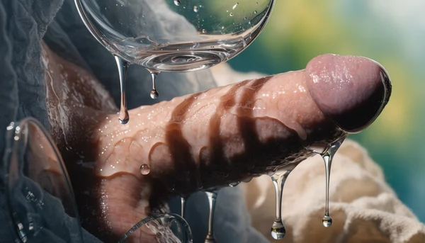 Plan serré sur l'entrejambe d'un homme nu en érection, une goutte de liquide transparent s'écoulant du méat urinaire