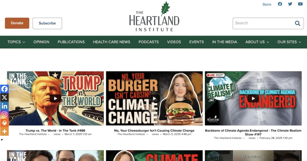 Page d'accueil du Heartland Institute, acteur majeur du déni climatique américain.