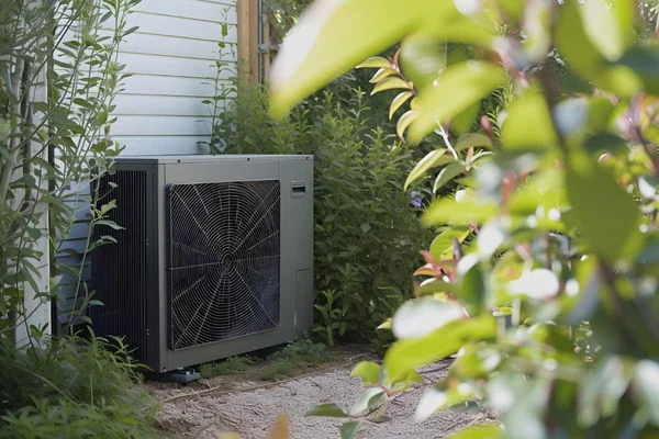 Unité de pompe à chaleur installée à l'extérieur, entourée de plantes et de feuillage vert