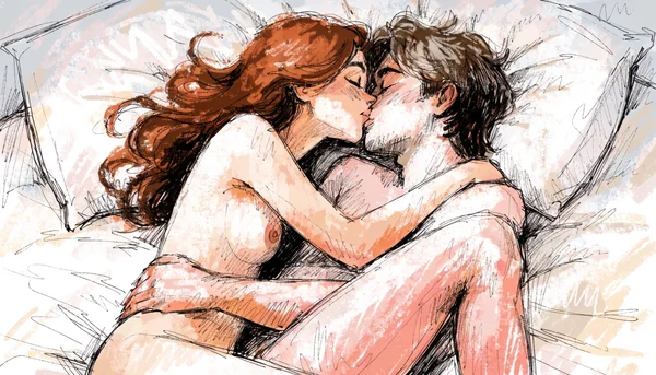 Femme nue dans les bras d'un homme nu sur un lit, s'embrassant tendrement, draps en désordre, scène intime et complice du couple libre