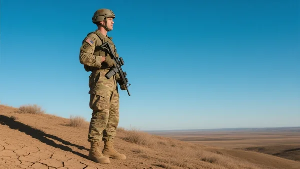 Soldat américain en tenue de camouflage regardant l'horizon, debout sur une colline aride, ciel bleu intense
