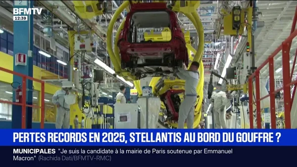 Reportage BFMTV sur les pertes financières avec images d'usine en arrière-plan.