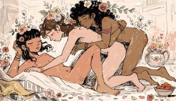 Fresque murale romaine antique en couleur représentant une orgie avec plusieurs corps nus entrelacés dans des positions sexuelles variées, scène de groupe dynamique